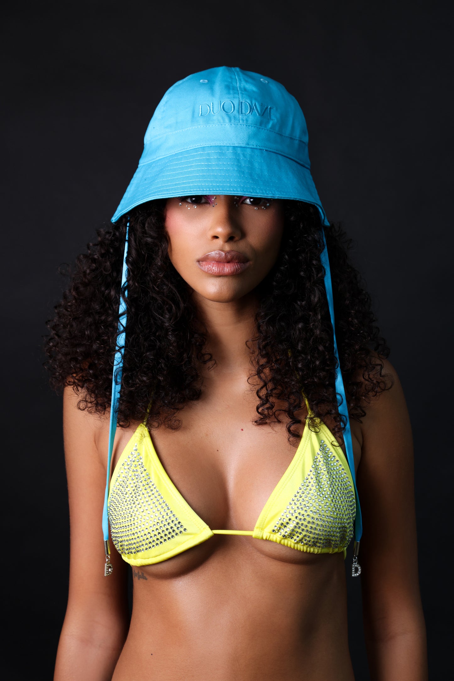 BLUE LOGO BUCKET HAT WITH DIAMANTE DETAIL