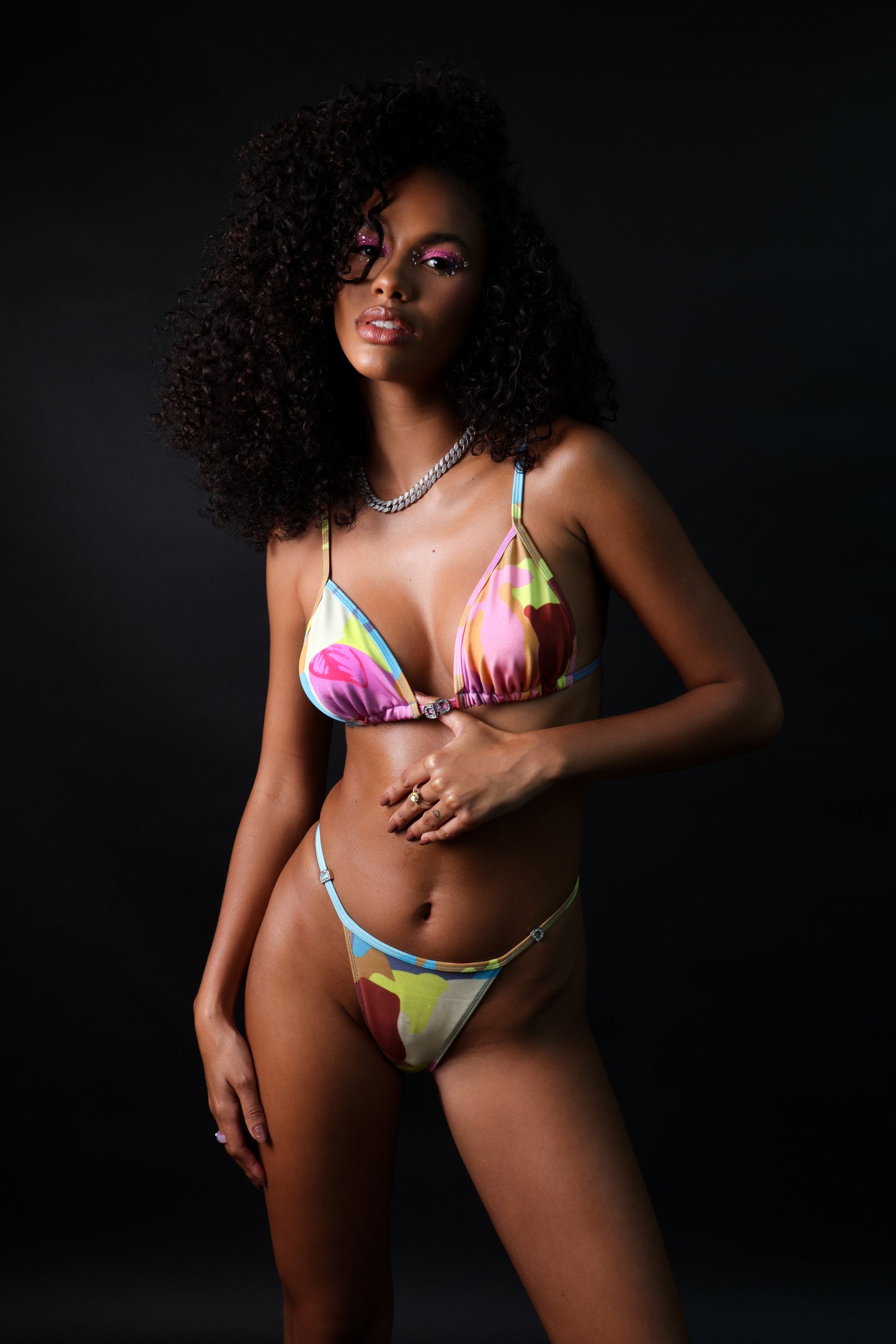 ABSTRACT PRINT BIKINI TOP WITH DIAMANTE DETAIL